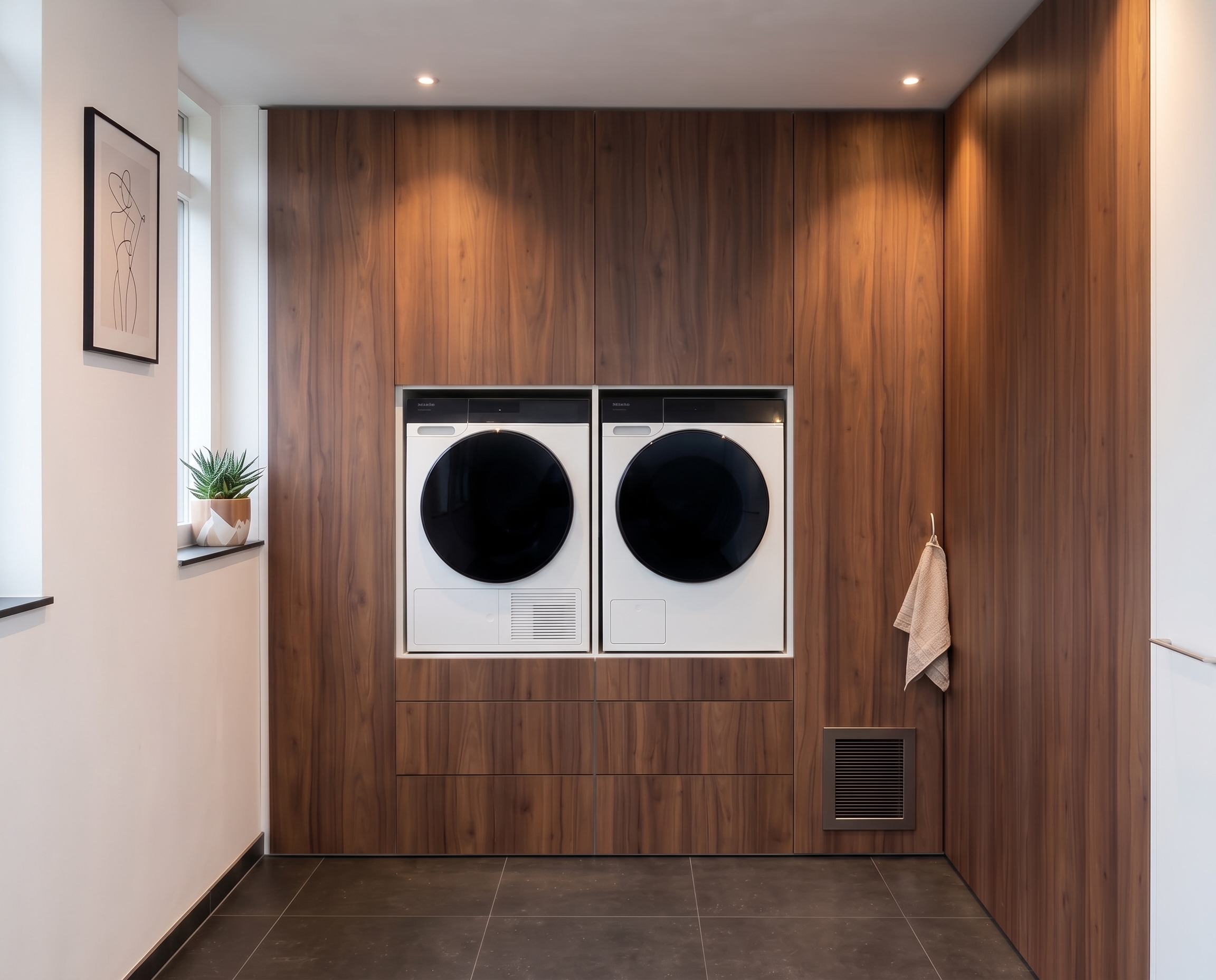 Berging op maat met wasmachine en droger in houten kastenwand